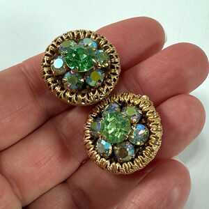 Vintage Round Green Aurora Borealis Clip On Earrings Gold Tone Unsigned Gorgeous